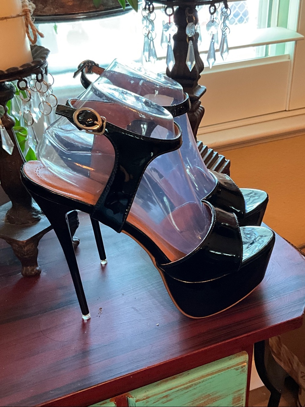 Black Patent Platform Stiletto Sandals - 11